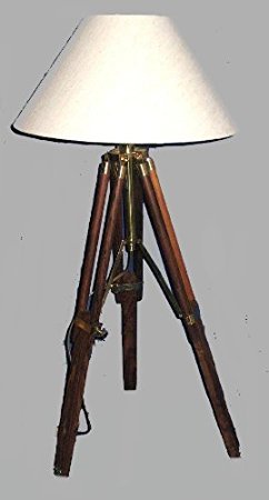 magicaldeco Stehlampe- Tripod- Dreibeinlampe- Retro Klassiker aus Holz und Messing, Stoffschirm