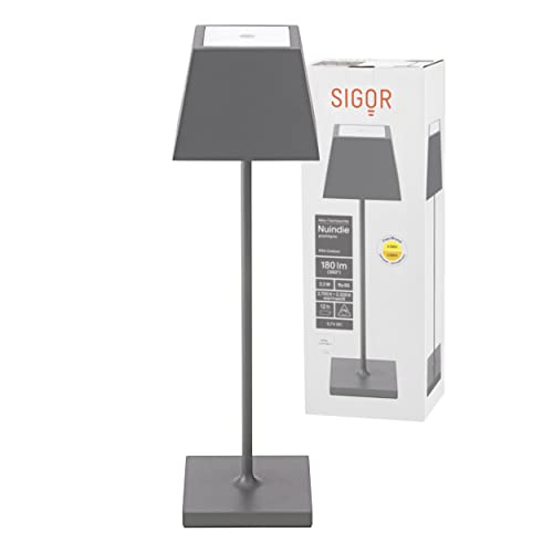 Sigor Nuindie - Dimmbare LED Akku-Tischleuchte Indoor & Outdoor mit eckigem Schirm, Höhe 37 cm, aufladbar mit Easy Connect, 12 h Leuchtdauer, graphitgrau
