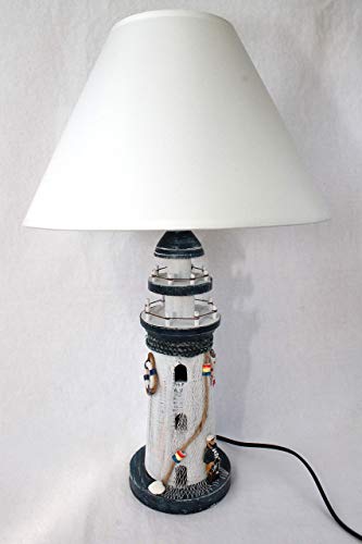 Leuchtturm Lampe 50cm Holz Schirm Textil 30/12 cm weiss-blau