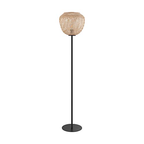 EGLO Stehlampe Dembleby, 1 flammige Stehleuchte Vintage, Boho, Standleuchte aus Stahl und Holz, Wohnzimmerlampe in Schwarz, Natur, Lampe mit Tritt-Schalter, E27 Fassung