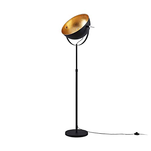 Lindby Stehlampe Schwarz Gold, Stehleuchte Metall mit Fußschalter, Standleuchte Lampenkopf schwenkbar, 1x E27 Fassung max. 60W, ohne Leuchtmittel