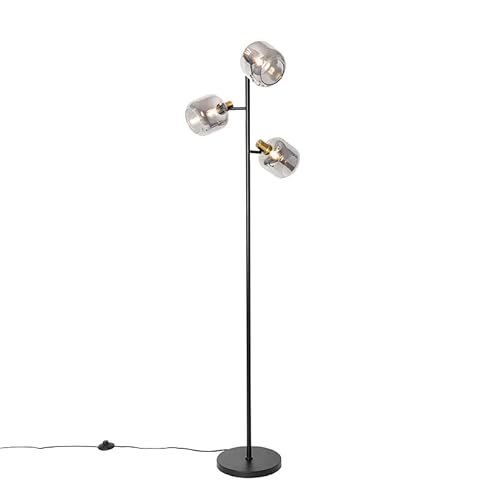 Qazqa - Modern Stehlampe schwarz mit Gold I Messing mit Rauchglas 3 Lichter - Zuzanna I Wohnzimmer I Schlafzimmer - Länglich - LED geeignet E14