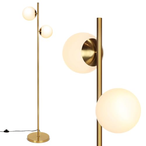HOMASIS Stehlampe 165cm, Stehleuchte mit 2 6W-LED-Glühbirnen, Standleuchte mit E27 Fassung, Glaslampenschirmen & Fußschalter, Standlampe aus Metall, Leselampe für Wohnzimmer Schlafzimmer Büro, Gold