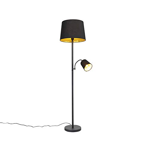 QAZQA - Klassisch I Antik Klassische Stehlampe schwarz mit Gold I Messing und Leselicht - Retro I Wohnzimmer I Schlafzimmer - Stahl Länglich - LED geeignet E27