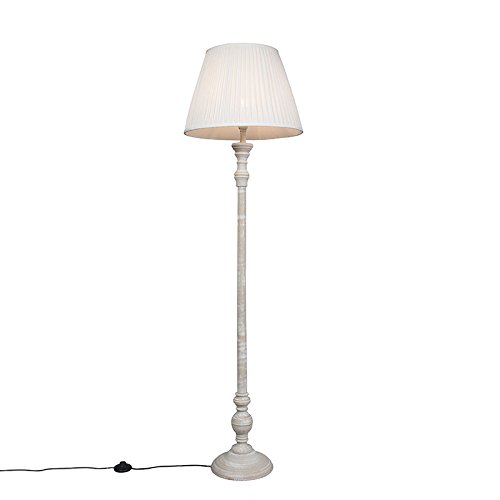 Qazqa - Retro Ländliche Stehlampe grau mit weißem Plisseeschirm - Classico I Wohnzimmer I Schlafzimmer - Holz Rund - LED geeignet E27