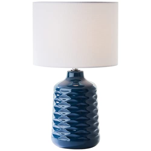 Lightbox blaue Keramik Tischlampe mit weißem Stoff-Schirm - dekorative Tischleuchte mit Schnurzwischenschalter - 42 cm Höhe & 25 cm Durchmesser - E14 Fassung max. 40 W aus Keramik/Metall/Textil