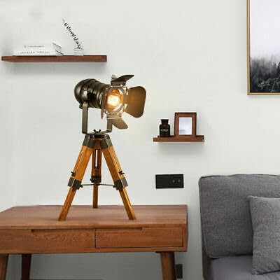GMSLuu LED Vintage Stehleuchte Tripod Stehlampe Studiolampe im Industrie Cinema Stil mit Dreifuß aus Holz Stativ Holz Studiolampe Studioleuchte Wohnzimmerlampe Wohnzimmerleuchte 65cm