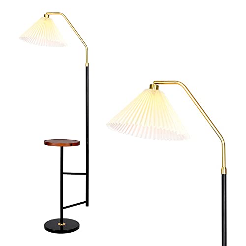 YHQSYKS Stehlampe, Moderne Stehlampe mit Holztablett Tisch, Stehlampe mit Stoffschirm Stehlampe Idee für Schlafzimmer, Wohnzimmer oder Büro Ecklampe