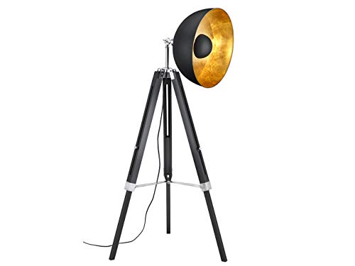 Retro Dreibein LED Stehleuchte mit schwenkbarem Reflektor aus Metall in Schwarz/Gold- höhenverstellbares Stativ aus schwarzem Holz - mit E27 Filament-LED