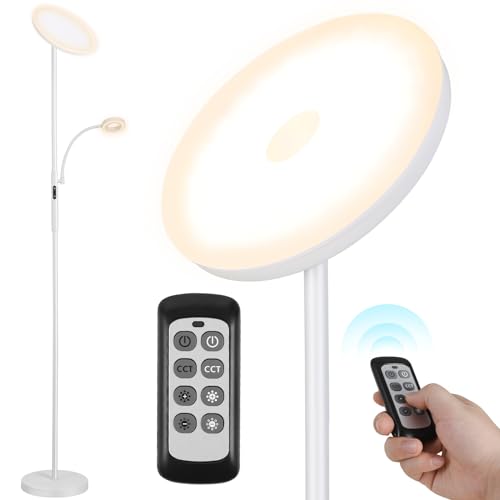 Clevich Stehlampe LED Dimmbar mit Leselampe, 25W Deckenfluter Stehlampe 2000LM, 3 Farbtemperatur 3000K-5000K, Stehleuchte mit Fernbedienung & Touch-Steuerung, für Wohnzimmer, Schlafzimmer (Weiß)…