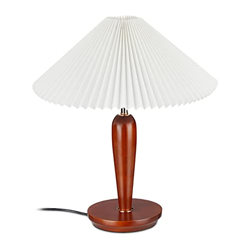 Relaxdays Tischleuchte Vintage, Schirm Tischlampe mit Holzfuß, HxD: 51 x 44 cm, Nachttischlampe, E27 Fassung, braun/weiß