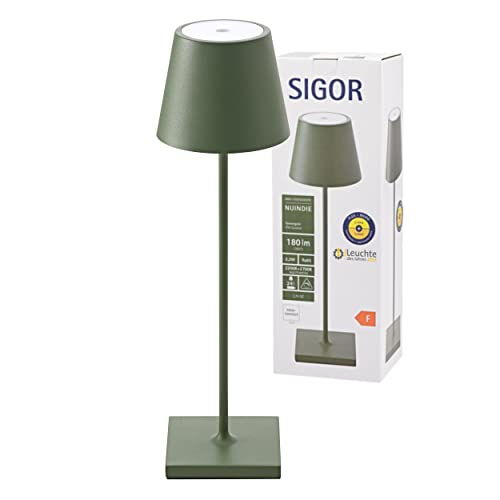 SIGOR Nuindie - Dimmbare LED Akku-Tischlampe Indoor & Outdoor, Höhe 38 cm, aufladbar mit Easy-Connect, 12 h Leuchtdauer, Tannengrün