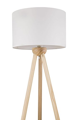 Stehleuchte mit Stoff-Schirm in Weiß Stehlampe Standlampe Holz-Dreibein (Textil-Lampenschirm 40 cm, Höhe 1,45 m, Kabel 1,8 m, Fassung E27)