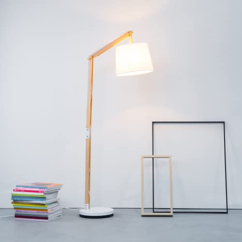 Lightbox Stehlampe - Stehleuchte mit dekorativem Stoff Schirm & Fußschalter - Kopf ist schwenkbar - Metall/Holz/Textil Braun/Weiß - 1,6 m Höhe