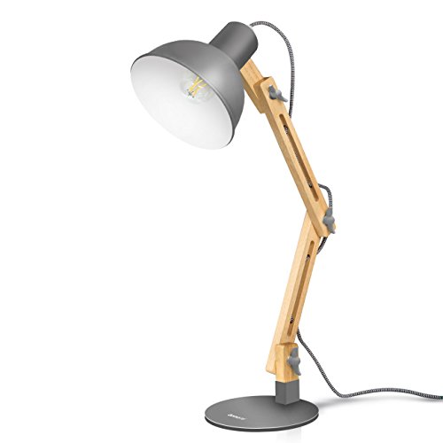 Tomons LED Leselampe im Klassichen Holz Design, Schreibtischlampe Grau, Tischleuchte Verstellbare, Verstellbarem Arm, Nachttischlampe