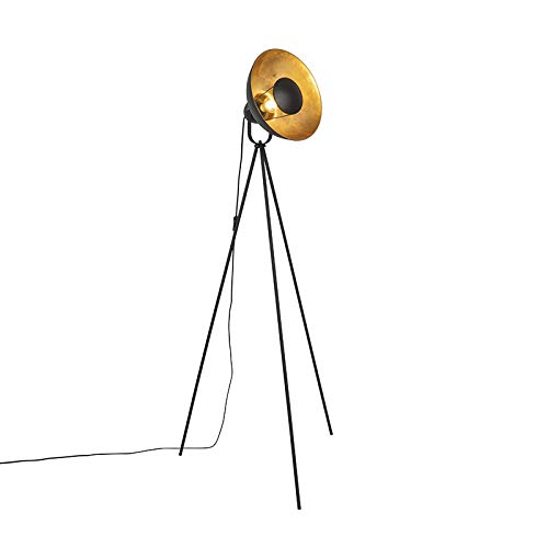 Qazqa - Industrie I Vintage I Stehlampe schwarz mit Gold I Messing 154,4 cm Stativ - Magnax Eco I Wohnzimmer I Schlafzimmer - Stahl Länglich - LED geeignet E27