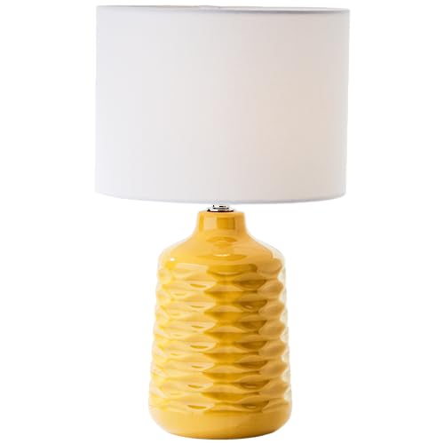 Lightbox gelbe Keramik Tischlampe mit weißem Stoff-Schirm - dekorative Tischleuchte mit Schnurzwischenschalter - 42 cm Höhe & 25 cm Durchmesser - E14 Fassung max. 40 W - aus Keramik/Metall/Textil