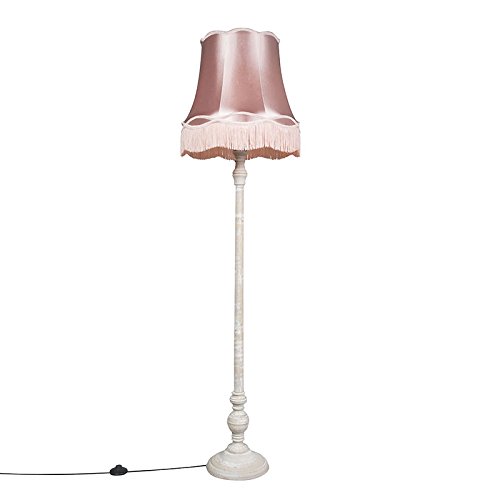 Qazqa - Retro Retro Stehlampe grau mit rosa Oma Schatten - Classico I Wohnzimmer I Schlafzimmer - Holz Rund - LED geeignet E27