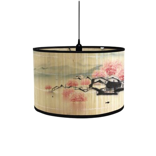 Morbuy Bambus Lampenschirm für Tischlampe, Chinesisch Stil Landschaft Muster Durchmesser 30cm Tischlampenschirm Holz Stehlampenschirme für Deckenleuchte Stehlampe Dekoration (Pflaumenbaum)