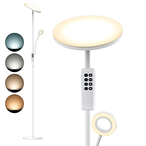Anten Kaja Stehlampe LED Dimmbar | Modern Deckenfluter 30W mit 5W Leselampe | 2000LM Stehleuchte mit 4 Farbtemperaturen für Wohnzimmer, Schlafzimmer, Büro, Hotel  (Weiß)