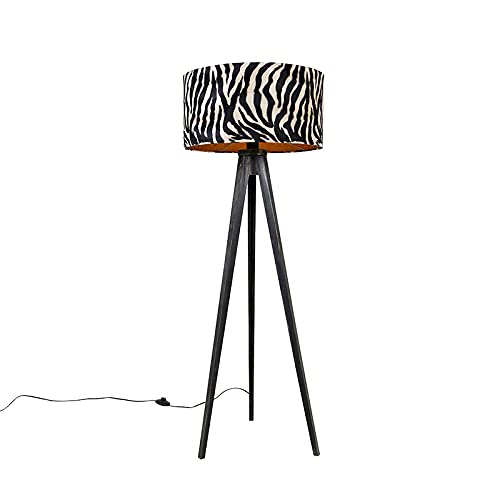 Qazqa - Modern Stehlampe Stativ schwarz mit Schirm Zebra 50 cm - Tripod I Dreifuß Lampe I Dreifuss Classic I Wohnzimmer I Schlafzimmer - Holz Rund - LED geeignet E27
