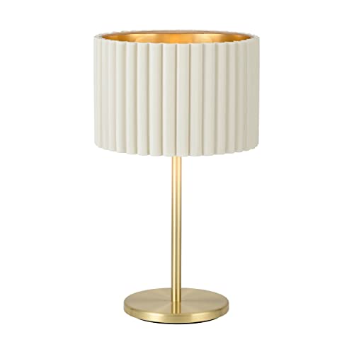 EGLO Tischlampe Tamaresco, edle Vintage Tischleuchte aus Metall in Messing gebürstet und Samt in weiß und gold, kleine Stehlampe, Lampe Wohnzimmer mit Schalter, E27 Fassung
