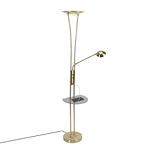 Qazqa - Modern Gold I Messingene Stehlampe mit Lesearm inkl. LED und USB-Anschluss - Sevilla Dimmer I Dimmbar I Wohnzimmer I Schlafzimmer I Deckenfluter - Stahl Länglich - I LED