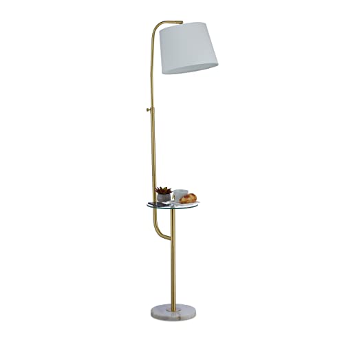 Relaxdays Stehlampe mit Tisch, HxBxT: 145 x 37 x 31 cm, marmorierter Standfuß, E27, Stehleuchte Wohnzimmer, gold/weiß