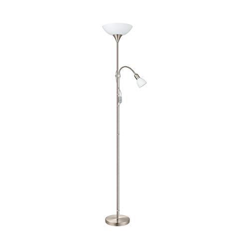 EGLO Stehlampe Up 2, 2 flammige Stehleuchte, Standleuchte aus Metall, Glas und Kunststoff, Wohnzimmerlampe in Silber, Weiß, Lampe mit Schalter, Deckenfluter mit Leselampe, E27, E14