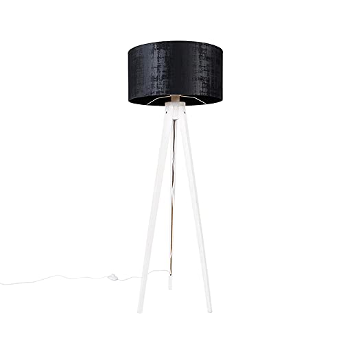 Qazqa - Modern Modernes Stehlampenstativ weiß mit schwarzem Samtschirm 50 cm - Tripod I Dreifuß Lampe I Dreifuss Classic I Wohnzimmer I Schlafzimmer - Holz Rund - LED geeignet E27