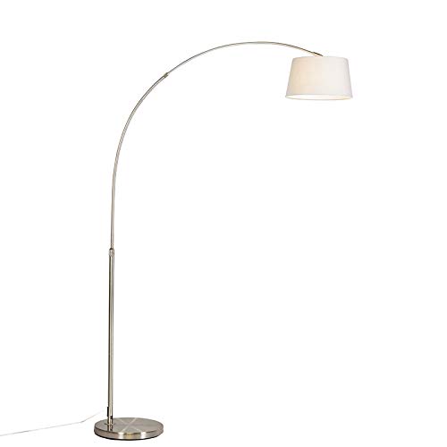 QAZQA - Moderne Bogenleuchte I Bogenlampe I Lampe I Leuchte mit weißem Stoffschirm - Arc Basic I Wohnzimmer - Stahl Rund - LED geeignet E27