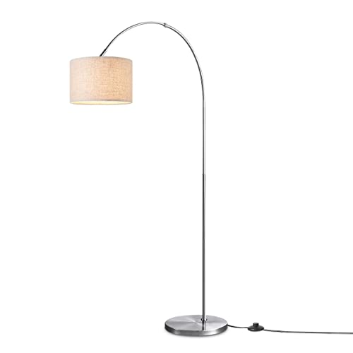 Home Sweet Home Moderner Bogen-Stehlampe Duke | 98/30/180cm | Geburstetes Stahl | Stehlampe Fischer mit weißem Leinen lampenschirm | E27 | mit Fußschalter | geeignet für Wohnzimmer