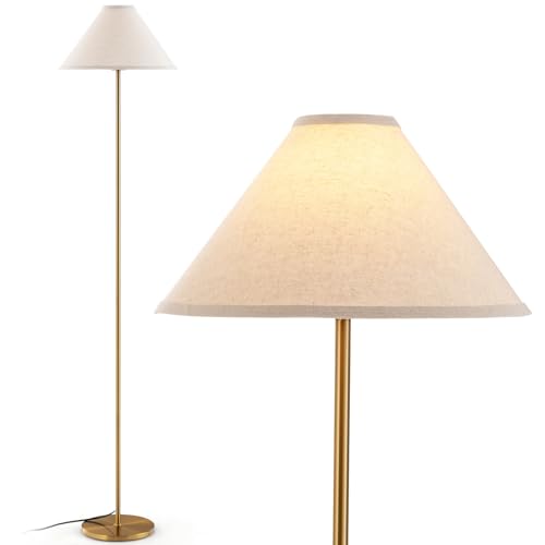 COSTWAY 162cm Stehlampe gold, Stehleuchte mit Fußschalter, Leinenschirm und Metallmast, Leselampe freistehend für Wohnzimmer, Büro & Schlafzimmer(Lichtquelle nicht enthalten)