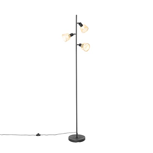Qazqa - Orientalisch Orientalische Stehlampe schwarz mit Bambus 3 Lichter - Rayan I Wohnzimmer I Schlafzimmer - Bamboo Länglich - LED geeignet E14