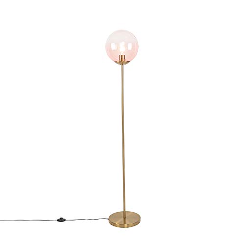 Qazqa - Art Deco Art Deco Stehlampe Messing mit rosa Glas - Pallon Mezzi I Wohnzimmer I Schlafzimmer - Länglich - LED geeignet E27