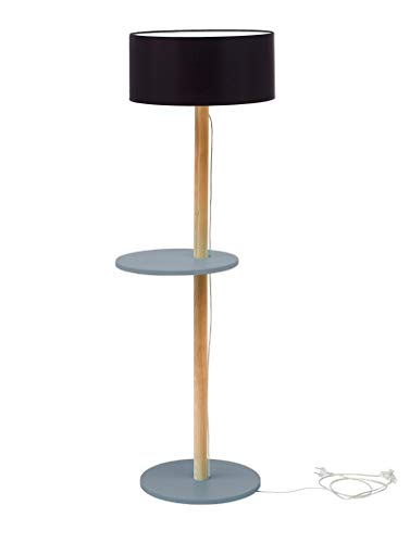 UFO Holz Stehlampe mit Regal, Moderner Skandinavischer Stil für das Wohnzimmer Schlafzimmer Esszimmer, Höhe 150cm, E27, max. 40W – Dunkelgrau mit Schwarz Lampenschirm