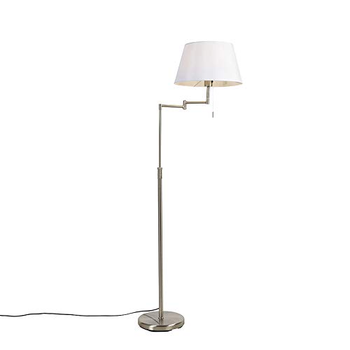 Qazqa - Modern Stehlampe aus Stahl I Silber I nickel matt mit weißem Schirm und verstellbarem Arm - Ladas Deluxe I Wohnzimmer I Schlafzimmer - Textil Rund - LED geeignet E27