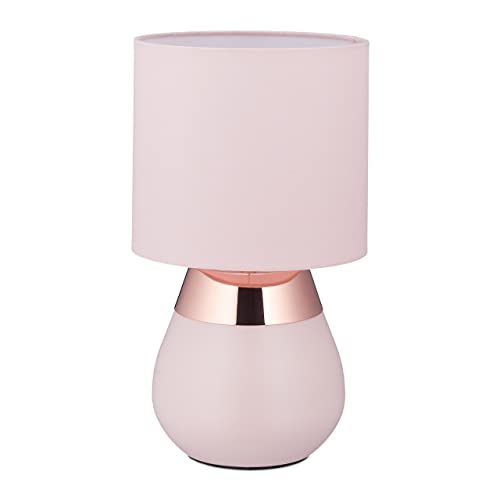 Relaxdays Nachttischlampe mit Touch, Tischlampe Wohn- & Schlafzimmer, Stoffschirm, E14, HxD: 32x18 cm, Touchlampe, rosa