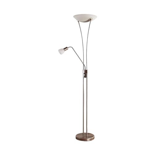 ELC Stehlampe, Deckenfluter nickel matt 180 cm, verstellbarer Lesearm, Standleuchte Glas Metall, 2x 15W LED E27 und 1x 10W LED E14, ohne Leuchtmittel