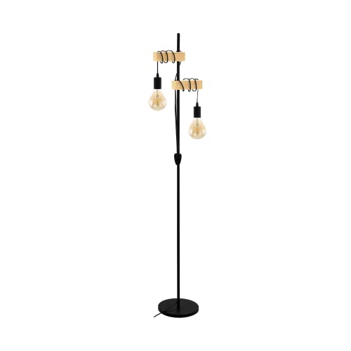 EGLO Stehlampe Townshend, 2-flammige Vintage Stehleuchte, Lampe mit Holzbalken, Retro Standleuchte aus Metall in Schwarz und Holz in Natur, E27 Fassung