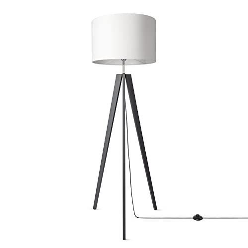 Paco Home Tischlampe Fuss LED Lampe Skandinavischer Stil E27, Lampenfuss: Stehleuchte Schwarz, Lampenschirm: Weiss (Ø45.5 cm)