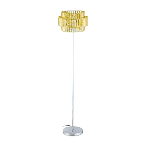 Relaxdays Stehlampe, Kristall Lampenschirm, runder Standfuß, E27 Fassung, moderne Stehleuchte, 150 x 34 cm, gold/silber