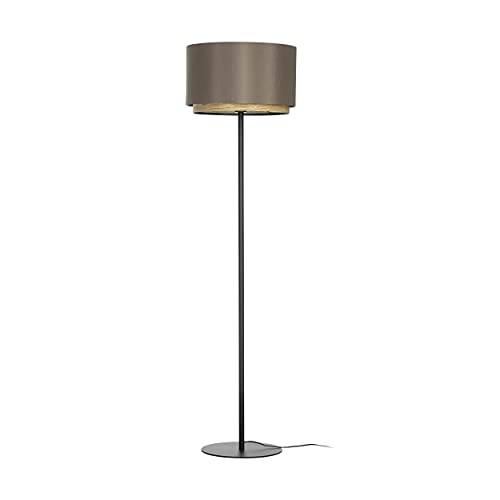 EGLO Stehlampe Marchena, Stehleuchte aus Metall in schwarz, Textil in Cappuchino und Holz in Eiche-Optik, Standleuchte mit Stoff-Lampenschirm, Lampe Wohnzimmer mit E27 Fassung