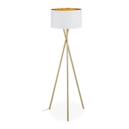 Relaxdays Dreibein Stehlampe, Tripod Lampe mit Stoffschirm, HxD 148,5 x 53,5 cm, E27 Fassung, Leinen & Metall, gold/weiß