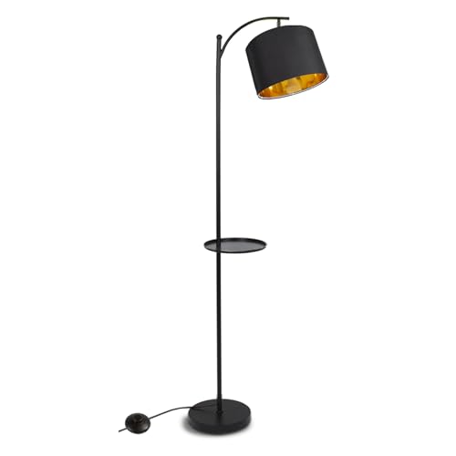 Allesin Stehlampe schwarz LED stufenlos dimmbar, Farbtemperatur ändern, mit Lagerregal, Schwarz Gold, Lampenschirm drehbar, Stehleuchte mit E27 Glühbirne und Fernbedienung