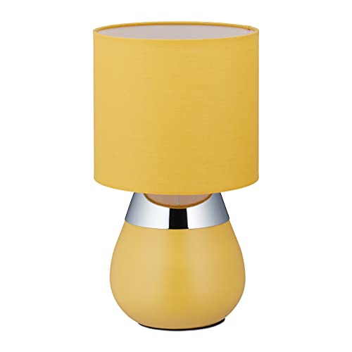 Relaxdays Nachttischlampe mit Touch, Tischlampe Wohn- & Schlafzimmer, Stoffschirm, E14, Touchlampe, gelb, 32 x 18 x 18 cm