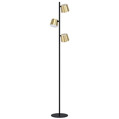 EGLO LED Stehlampe Altamira, 3-flammige Wohnzimmer Retro-Lampe, Vintage Standleuchte aus Metall in schwarz und Messing-Gebürstet, Design Stehleuchte mit Schalter, warmweiß