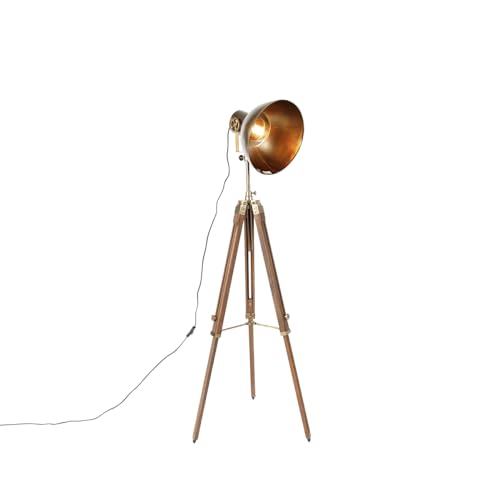 Qazqa - Industrie I Vintage I Industrie I Vintage I Dreibein-Stehlampe Bronze mit Holz - Mangos I Wohnzimmer I Schlafzimmer - Länglich - LED geeignet E27