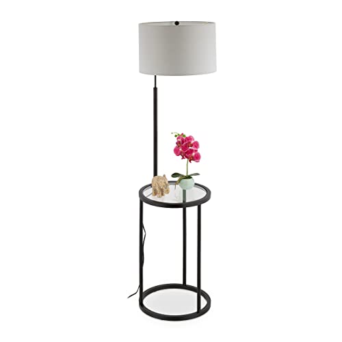 Relaxdays Stehlampe mit Tisch, Stoffschirm, HxD: 153x40 cm, E27-Fassung, Stahl & Glas, Wohnzimmerleuchte, grau/schwarz