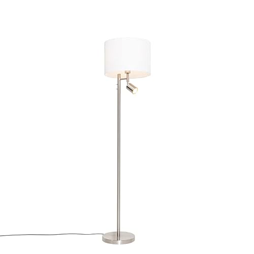 Qazqa - Modern Stehlampe aus Stahl I Silber I nickel matt mit weißem Schirm und Leselampe - Jelena I Wohnzimmer I Schlafzimmer - Stahl Rund - LED geeignet E27